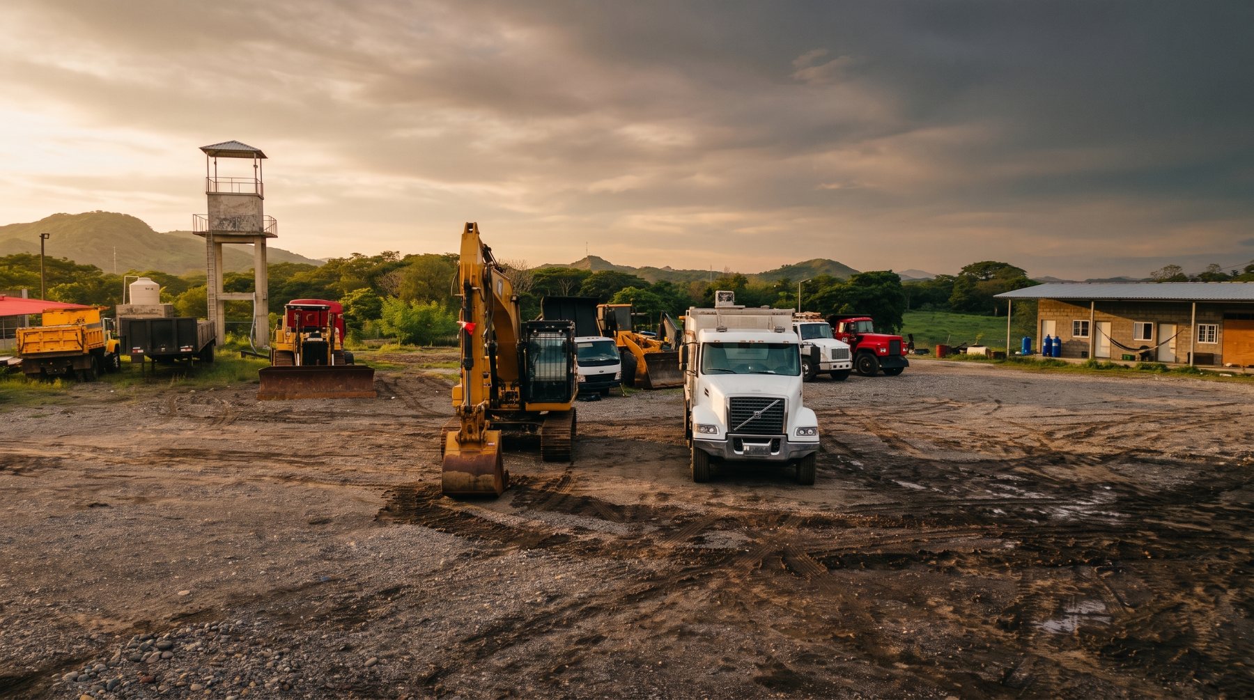 Base de Grupo RH en Alianza, Valle: excavadora, planta móvil de concreto y maquinaria en el patio
